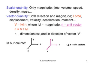 R. Ganesh Narayanan 4
Scalar quantity: Only magnitude; time, volume, speed,
density, mass…
Vector quantity: Both direction and magnitude; Force,
displacement, velocity, acceleration, moment…
V = IvI n, where IvI = magnitude, n = unit vector
n = V / IvI
n - dimensionless and in direction of vector ‘V’
In our course:
y
x
z
j
i
k
i, j, k – unit vectors
 