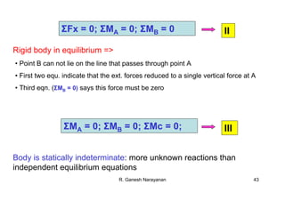 R. Ganesh Narayanan 43
ΣFx = 0; ΣMA = 0; ΣMB = 0 II
• Point B can not lie on the line that passes through point A
• First two equ. indicate that the ext. forces reduced to a single vertical force at A
• Third eqn. (ΣMB = 0) says this force must be zero
Rigid body in equilibrium =>
ΣMA = 0; ΣMB = 0; ΣMc = 0; III
Body is statically indeterminate: more unknown reactions than
independent equilibrium equations
 