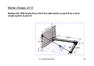 R. Ganesh Narayanan 46
Merial / Kraige; 2/117
Replace the 750N tensile force which the cable exerts on point B by a force-
couple system at point O
 