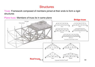 R. Ganesh Narayanan 64
Structures
Truss: Framework composed of members joined at their ends to form a rigid
structures
Plane truss: Members of truss lie in same plane
Bridge truss
Roof truss
 