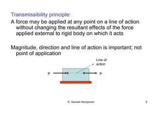 R. Ganesh Narayanan 8
Transmissibility principle:
A force may be applied at any point on a line of action
without changing the resultant effects of the force
applied external to rigid body on which it acts
Magnitude, direction and line of action is important; not
point of application
PP
Line of
action
 