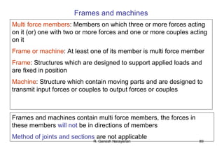 R. Ganesh Narayanan 89
Frames and machines
Multi force members: Members on which three or more forces acting
on it (or) one with two or more forces and one or more couples acting
on it
Frame or machine: At least one of its member is multi force member
Frame: Structures which are designed to support applied loads and
are fixed in position
Machine: Structure which contain moving parts and are designed to
transmit input forces or couples to output forces or couples
Frames and machines contain multi force members, the forces in
these members will not be in directions of members
Method of joints and sections are not applicable
 