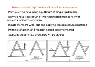R. Ganesh Narayanan 93
Inter-connected rigid bodies with multi force members
• Previously we have seen equilibrium of single rigid bodies
• Now we have equilibrium of inter-connected members which
involves multi force members
• Isolate members with FBD and applying the equilibrium equations
• Principle of action and reaction should be remembered
• Statically determinate structures will be studied
 