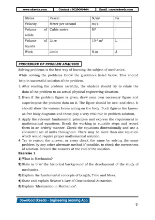www.ekeeda.com Contact : 9029006464 Email : care@ekeeda.com
7
Stress Pascal N/m2 Pa
Velocity Meter per second m/s -
Volume of
solids
Cubic metre M3 -
Volume of
liquids
Litre 10-3 m3 L
Work Joule N.m J
PROCEDURE OF PROBLEM ANALYSIS
Solving problems is the best way of learning the subject of mechanics.
While solving the problems follow the guidelines listed below. This should
help in successful solution of the problem.
1. After reading the problem carefully, the student should try to relate the
data of the problem to an actual physical engineering situation.
2. Even if the problem figure is given, draw your own necessary figure and
superimpose the problem data on it. The figure should be neat and clear. It
should show the various forces acting on the body. Such figures Are known
as free body diagrams and these play a very vital role in problem solution.
3. Apply the relevant fundamental principles and express the requirement in
mathematical equations. Break the working in suitable steps and record
them in an orderly manner. Check the equations dimensionally and use a
consistent set of units throughout. There may be more than one equation
which would require proper mathematical solution.
4. Try to reason the answer, or cross check the same by solving the same
problem by any other alternate method if possible, to check the correctness
of solution. Record the answers at the end of the solution.
Exercise 1
1) What is Mechanics?
2) State in brief the historical background of the development of the study of
mechanics.
3) Explain the fundamental concepts of Length, Time and Mass.
4) State and explain Newton's Law of Gravitational Attraction.
5) Explain "Idealization in Mechanics”.
 