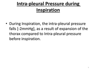 pleural Pressure during
-
Intra
Inspiration
9
• During Inspiration, the intra-pleural pressure
falls [-2mmHg], as a result of expansion of the
thorax compared to Intra-pleural pressure
before inspiration.
 