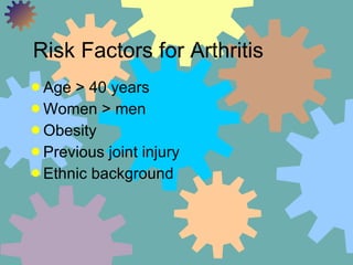 Risk Factors for Arthritis <ul><li>Age > 40 years  </li></ul><ul><li>Women > men  </li></ul><ul><li>Obesity </li></ul><ul>...