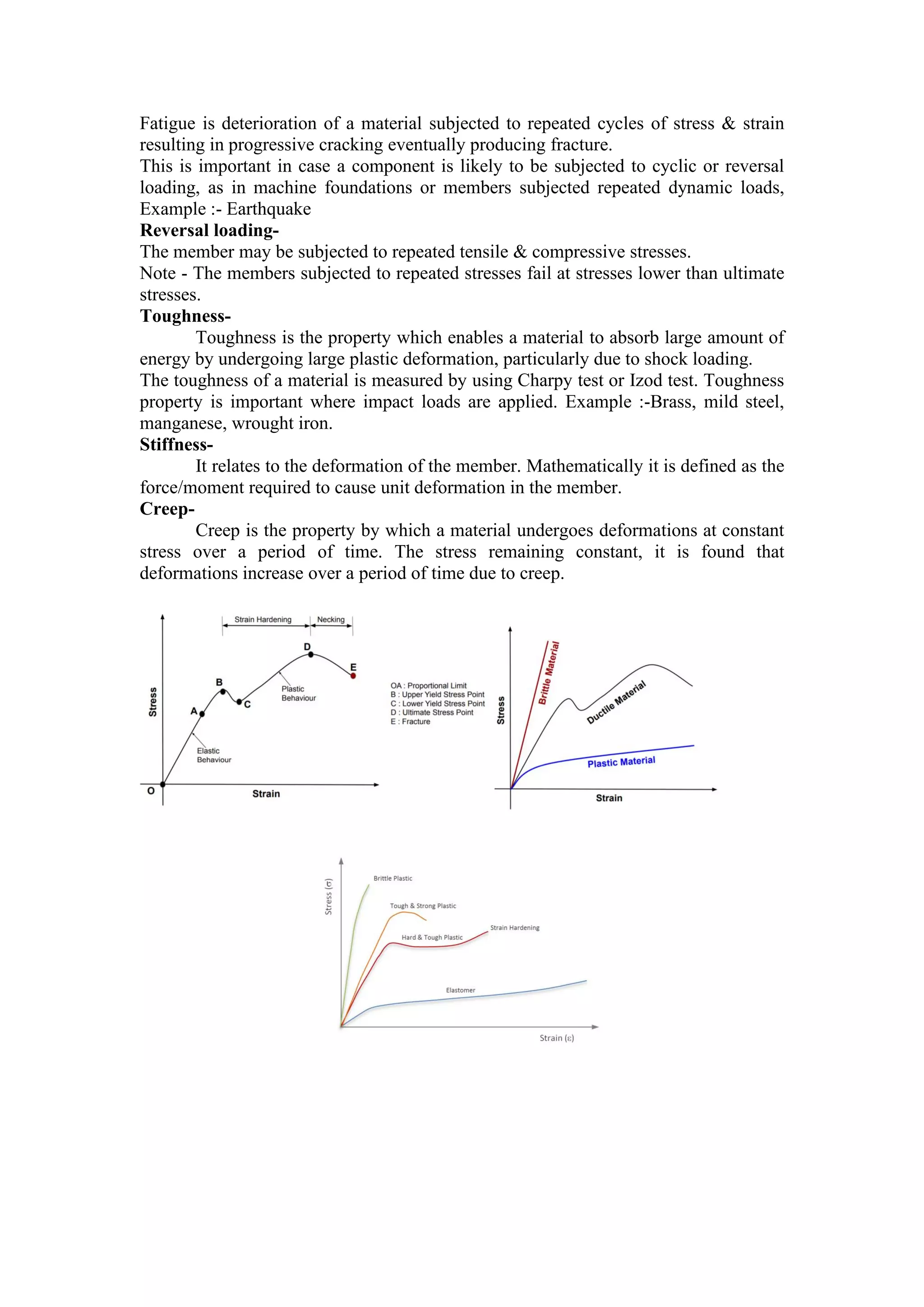 Fatigue is deterioration of a material subjected to repeated cycles of stress & strain
resulting in progressive cracking eventually producing fracture.
This is important in case a component is likely to be subjected to cyclic or reversal
loading, as in machine foundations or members subjected repeated dynamic loads,
Example :- Earthquake
Reversal loading-
The member may be subjected to repeated tensile & compressive stresses.
Note - The members subjected to repeated stresses fail at stresses lower than ultimate
stresses.
Toughness-
Toughness is the property which enables a material to absorb large amount of
energy by undergoing large plastic deformation, particularly due to shock loading.
The toughness of a material is measured by using Charpy test or Izod test. Toughness
property is important where impact loads are applied. Example :-Brass, mild steel,
manganese, wrought iron.
Stiffness-
It relates to the deformation of the member. Mathematically it is defined as the
force/moment required to cause unit deformation in the member.
Creep-
Creep is the property by which a material undergoes deformations at constant
stress over a period of time. The stress remaining constant, it is found that
deformations increase over a period of time due to creep.
 