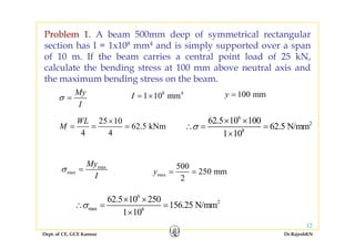 Problem 1. A beam 500mm deep of symmetrical rectangulary g
section has I = 1x108 mm4 and is simply supported over a span
of 10 m. If the beam carries a central point load of 25 kN,
calculate the bending stress at 100 mm above neutral axis andcalculate the bending stress at 100 mm above neutral axis and
the maximum bending stress on the beam.
My
σ
8 4
1 10 mmI = × 100 mmy =y
I
σ =
25 10
62 5 kN
WL
M
×
1 10 mmI = × 100 mmy
6
262.5 10 100
62 5 N/
× ×
∴62.5 kNm
4 4
M = = = 2
8
62.5 N/mm
1 10
σ∴ = =
×
max
max
My
I
σ =
max
500
250 mm
2
y = =
6
2
max 8
62.5 10 250
156.25 N/mm
1 10
σ
× ×
∴ = =
Dept. of CE, GCE Kannur Dr.RajeshKN
12
max 8
1 10×
 