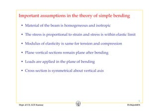 Important assumptions in the theory of simple bending
• Material of the beam is homogeneous and isotropic
p p y p g
• The stress is proportional to strain and stress is within elastic limit
• Modulus of elasticity is same for tension and compression• Modulus of elasticity is same for tension and compression
• Plane vertical sections remain plane after bending
• Loads are applied in the plane of bending
• Cross section is symmetrical about vertical axis
Dept. of CE, GCE Kannur Dr.RajeshKN
3
 