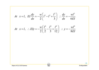 3 3
3 3
,
2 3 6
dy w l dy wl
At x l EI l l
dx dx EI
⎛ ⎞
= = − − + ∴ = −⎜ ⎟
⎝ ⎠2 3 6dx dx EI⎝ ⎠
4 4 4 4
w l l l wl⎛ ⎞
,
2 2 3 12 8
w l l l wl
At x l EIy y
EI
⎛ ⎞
= ∴ = − − + ∴ = −⎜ ⎟
⎝ ⎠
Dept. of CE, GCE Kannur Dr.RajeshKN
46
 