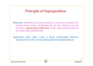 Principle of SuperpositionPrinciple of Superposition
Statement: Deflection at a given point in a structure produced by
several loads acting simultaneously on the structure can beseveral loads acting simultaneously on the structure can be
found by superposing deflections at the same point produced
by loads acting individually.
Applicable when there exists a linear relationship between
external forces and corresponding structural displacements.p g p
Dept. of CE, GCE Kannur Dr.RajeshKN
63
 