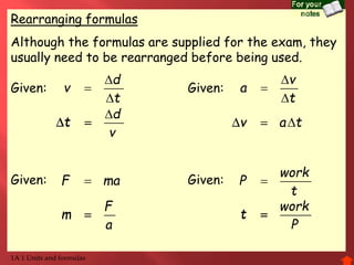 Rearranging formulas
Although the formulas are supplied for the exam, they
usually need to be rearranged before being used.
Given: Given:
Given: Given:
d
t
v

  v a t  
F
m
a

work
t
P

d
v
t



v
a
t



F ma
work
P
t

1A 1 Units and formulas
t v
tm
 
