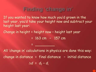 If you wanted to know how much you’d grown in the
last year, you’d take your height now and subtract your
height last year:
Change in height = height now – height last year
= 163 cm – 157 cm
= _________
All ‘change in’ calculations in physics are done this way:
change in distance = final distance – initial distance
d = df − di
 