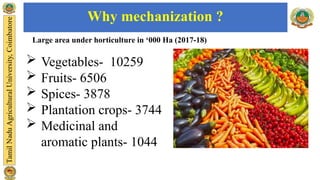 Why mechanization ?
Large area under horticulture in ‘000 Ha (2017-18)
 Vegetables- 10259
 Fruits- 6506
 Spices- 3878
 Plantation crops- 3744
 Medicinal and
aromatic plants- 1044
 