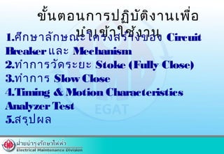 ขั้นตอนการปฏิบัติงานเพื่อ
นำาเข้าใช้งาน1.ศึกษาลักษณะโครงสร้างของ Circuit
Breakerและ Mechanism
2.ทำาการวัดระยะ Stoke (Fully Close)
3.ทำาการ Slow Close
4.Timing & Motion Characteristics
AnalyzerTest
5.สรุปผล
 