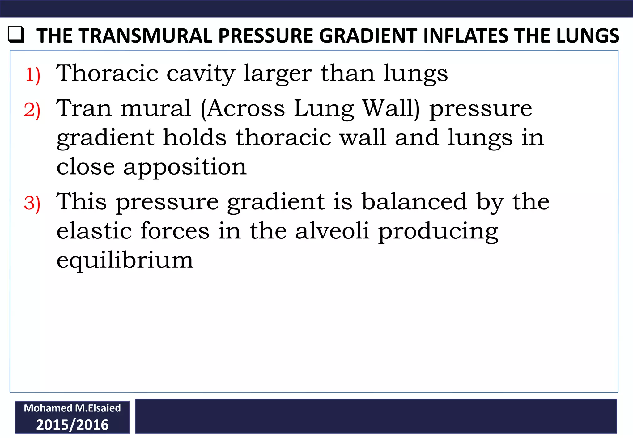  THE TRANSMURAL PRESSURE GRADIENT INFLATES THE LUNGS
Mohamed M.Elsaied
2015/2016
1) Thoracic cavity larger than lungs
2) Tran mural (Across Lung Wall) pressure
gradient holds thoracic wall and lungs in
close apposition
3) This pressure gradient is balanced by the
elastic forces in the alveoli producing
equilibrium
 