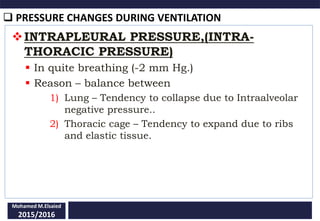  PRESSURE CHANGES DURING VENTILATION
Mohamed M.Elsaied
2015/2016
INTRAPLEURAL PRESSURE,(INTRA-
THORACIC PRESSURE)
 In quite breathing (-2 mm Hg.)
 Reason – balance between
1) Lung – Tendency to collapse due to Intraalveolar
negative pressure..
2) Thoracic cage – Tendency to expand due to ribs
and elastic tissue.
 