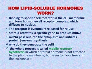 HOW LIPID-SOLUBLE HORMONES 
WORK? 
• Binding to specific cell receptor in the cell membrane 
and form hormone-cell receptor complex, which 
diffuses to nucleus 
• The receptor is eventually released for re-use 
• Steroid activates a specific gene to produce mRNA 
• mRNA pass out into the cytoplasm and initiates 
protein [enzyme] synthesis 
why do they penetrate the cell? 
 the whole process is called mobile-receptor 
hypothesis in which a steroid hormone is not attached 
to the plasma membrane, but seem to move freely in 
the nucleoplasm 
 