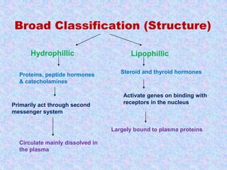 Broad Classification (Structure) 
Hydrophillic Lipophillic 
Proteins, peptide hormones 
& catecholamines 
Steroid and thyroid hormones 
Primarily act through second 
messenger system 
Activate genes on binding with 
receptors in the nucleus 
Circulate mainly dissolved in 
the plasma 
Largely bound to plasma proteins 
 