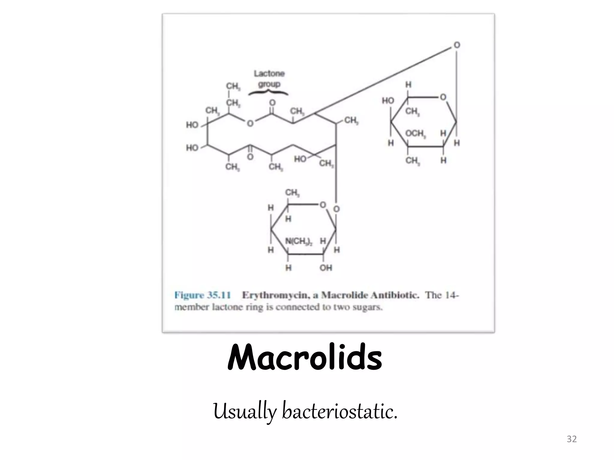 Macrolids
Usually bacteriostatic.
32
 