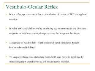 Vestibulo-Ocular Reflex
• It is a reflex eye movement due to stimulation of cristae of SCC during head
rotation
• It helps...