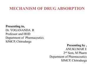 MECHANISM OF DRUG ABSORPTION
Presenting to,
Dr. YOGANANDA R
Professor and HOD
Department of Pharmaceutics
SJMCP, Chitradurga
Presenting by ,
ANUKUMAR E
2nd Sem, M Pharm
Department of Pharmaceutics
SJMCP, Chitradurga
 