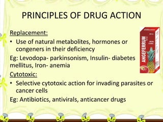 PRINCIPLES OF DRUG ACTION
Replacement:
• Use of natural metabolites, hormones or
congeners in their deficiency
Eg: Levodop...