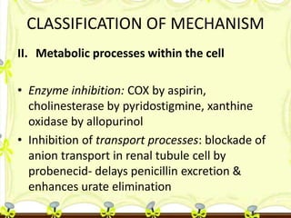 CLASSIFICATION OF MECHANISM
II. Metabolic processes within the cell
• Enzyme inhibition: COX by aspirin,
cholinesterase by...