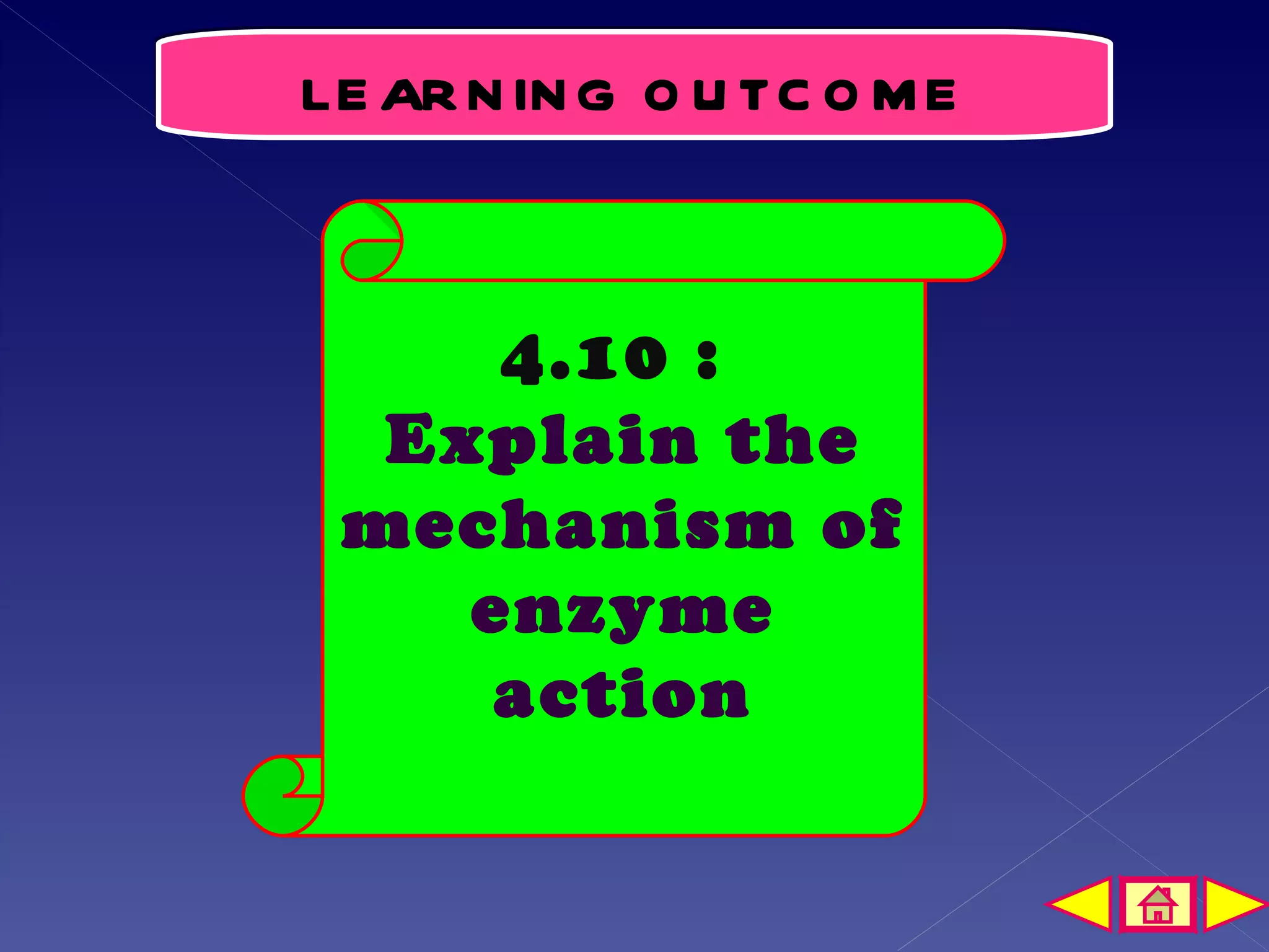 LE AR N IN G O U TC O M E



     4.10 :
  Explain the
 mechanism of
    enzyme
     action
 