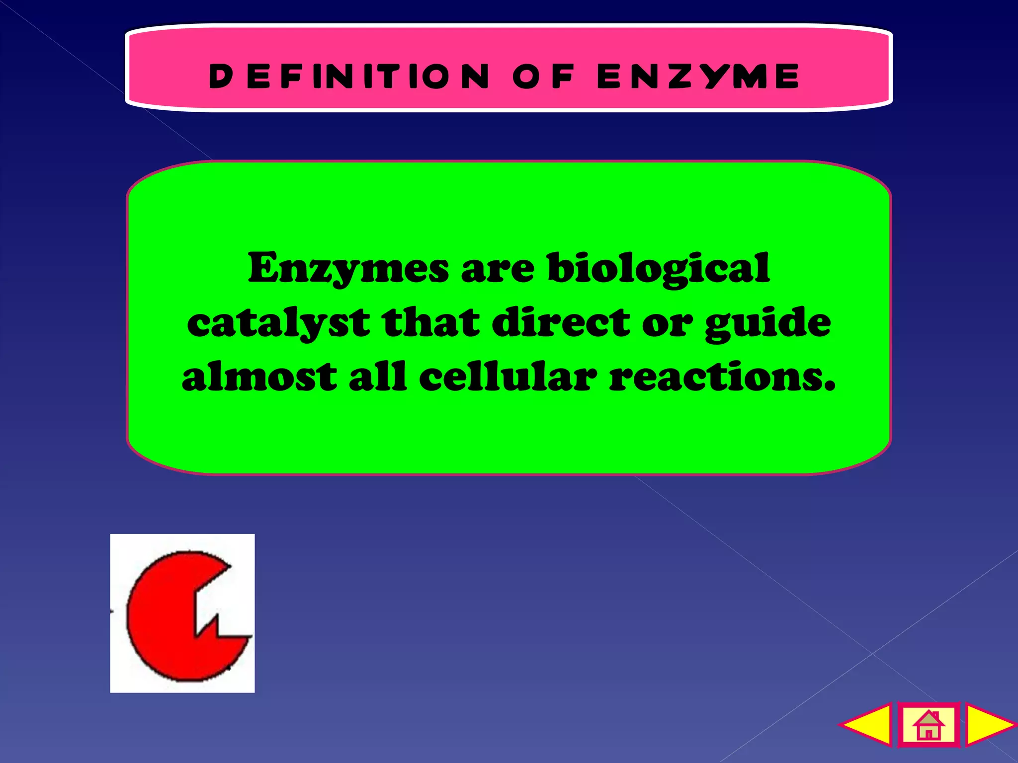 D E F IN ITIO N O F E N ZYM E


   Enzymes are biological
catalyst that direct or guide
almost all cellular reactions.
 