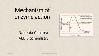 Mechanism of
enzyme action
Namrata Chhabra
M.D.Biochemistry
15-May-20 Mechanism of enzyme action 1
 