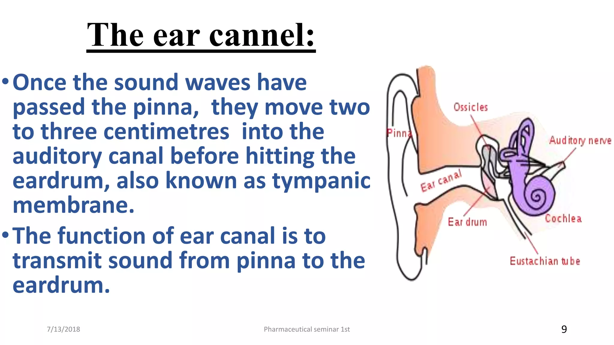 The ear cannel:
•Once the sound waves have
passed the pinna, they move two
to three centimetres into the
auditory canal before hitting the
eardrum, also known as tympanic
membrane.
•The function of ear canal is to
transmit sound from pinna to the
eardrum.
Pharmaceutical seminar 1st 97/13/2018
 