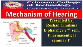 Mechanism of Hearing
Presented by:
Roshan Timilsina
B.pharmcy 2nd sem.
Pharmaceutical
seminar 1st
Pharmaceutical seminar 1st 17/13/2018
 