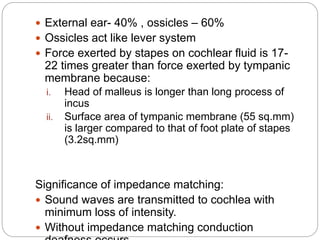  External ear- 40% , ossicles – 60%
 Ossicles act like lever system
 Force exerted by stapes on cochlear fluid is 17-
2...