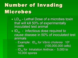 Number of Invading Microbes LD 50  - Lethal Dose of a microbes toxin that will kill 50% of experimentally inoculated test animal ID 50  -  infectious dose required to cause disease in 50% of inoculated test animals Example:  ID 50  for  Vibrio cholerea  10 8  cells  (100,000,000 cells) ID 50  for  Inhalation Anthrax -  5,000 to 10,000 spores  