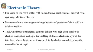 Electronic Theory
• It is based on the premise that both mucoadhesive and biological material poses
opposingg electrical charges.
• Mucus membrane have negative charge because of presence of sialic acid and
sulphate residue
• Thus, when both the materials come in contact with each other transfer of
electron takes place leading to the building of double electronic layer at the
interface , where the attractive forces with in the double layer determines the
mucoadhesive strength .
30-04-2022 © R R INSTITUTIONS , BANGALORE 21
 