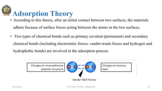 Adsorption Theory
• According to this theory, after an initial contact between two surfaces, the materials
adhere because of surface forces acting between the atoms in the two surfaces.
• Two types of chemical bonds such as primary covalent (permanent) and secondary
chemical bonds (including electrostatic forces, vander-waals forces and hydrogen and
hydrophobic bonds) are involved in the adsorption process
30-04-2022 © R R INSTITUTIONS , BANGALORE 26
 