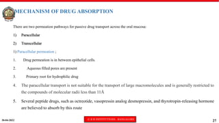 30-04-2022 © R R INSTITUTIONS , BANGALORE
27
MECHANISM OF DRUG ABSORPTION
There are two permeation pathways for passive drug transport across the oral mucosa:
1) Paracellular
2) Transcellular
1) Paracellular permeation ;
1. Drug permeation is in between epithelial cells.
2. Aqueous filled pores are present
3. Primary root for hydrophilic drug
4. The paracellular transport is not suitable for the transport of large macromolecules and is generally restricted to
the compounds of molecular radii less than 11Å
5. Several peptide drugs, such as octreotide, vasopressin analog desmopressin, and thyrotropin-releasing hormone
are believed to absorb by this route
 