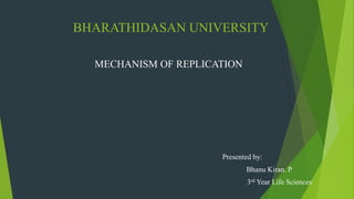 BHARATHIDASAN UNIVERSITY
MECHANISM OF REPLICATION
Presented by:
Bhanu Kiran. P
3rd Year Life Sciences
 