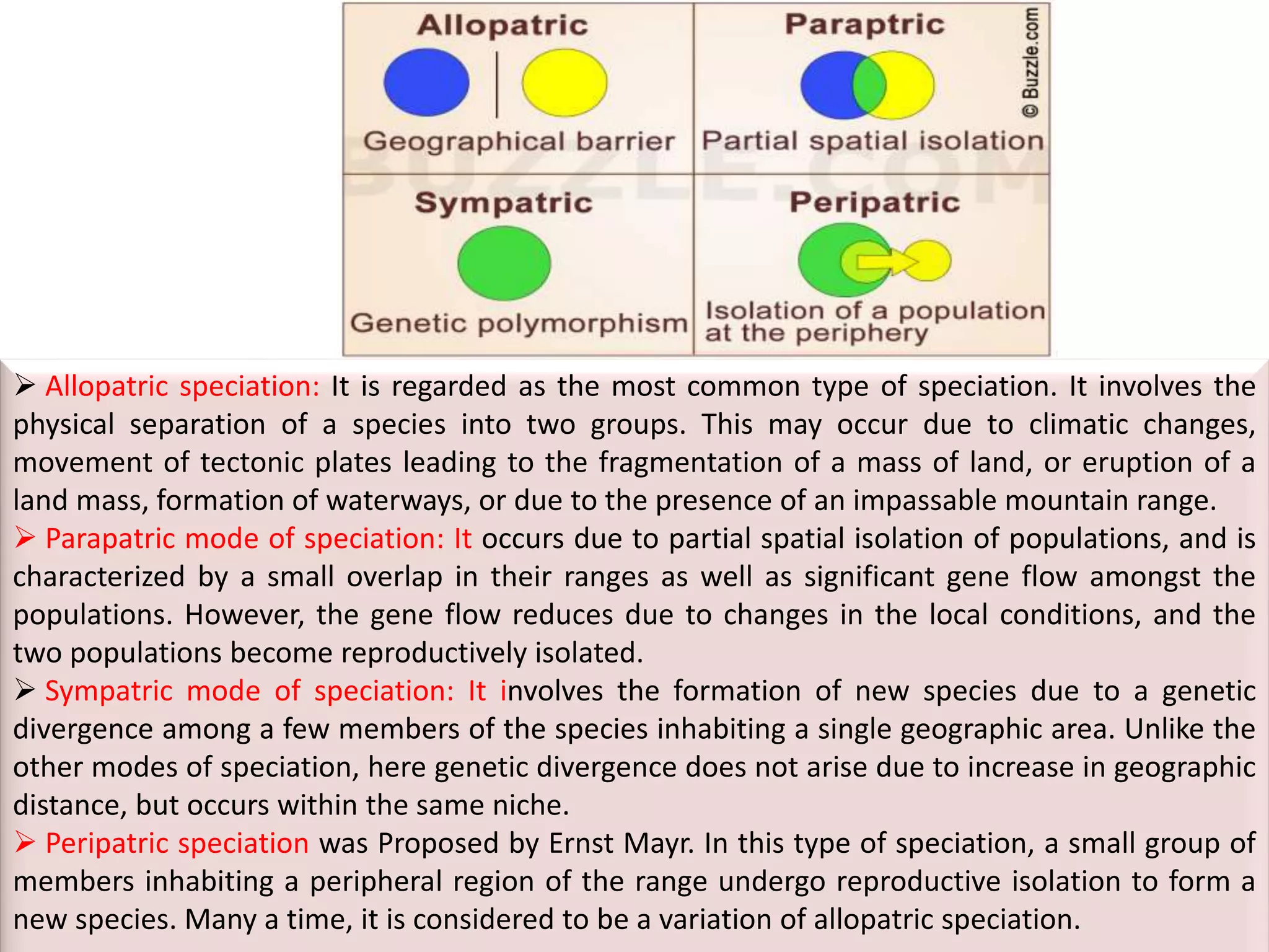  Allopatric speciation: It is regarded as the most common type of speciation. It involves the
physical separation of a species into two groups. This may occur due to climatic changes,
movement of tectonic plates leading to the fragmentation of a mass of land, or eruption of a
land mass, formation of waterways, or due to the presence of an impassable mountain range.
 Parapatric mode of speciation: It occurs due to partial spatial isolation of populations, and is
characterized by a small overlap in their ranges as well as significant gene flow amongst the
populations. However, the gene flow reduces due to changes in the local conditions, and the
two populations become reproductively isolated.
 Sympatric mode of speciation: It involves the formation of new species due to a genetic
divergence among a few members of the species inhabiting a single geographic area. Unlike the
other modes of speciation, here genetic divergence does not arise due to increase in geographic
distance, but occurs within the same niche.
 Peripatric speciation was Proposed by Ernst Mayr. In this type of speciation, a small group of
members inhabiting a peripheral region of the range undergo reproductive isolation to form a
new species. Many a time, it is considered to be a variation of allopatric speciation.
 