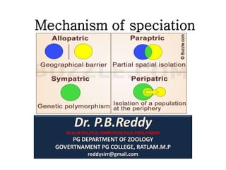 Dr. P.B.Reddy
M.Sc,M.Phil,Ph.D, FIMRF,FICER,FSLSc,FISZS,FISQEM
PG DEPARTMENT OF ZOOLOGY
GOVERTNAMENT PG COLLEGE, RATLAM.M.P
reddysirr@gmail.com
Mechanism of speciation
 