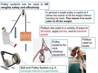Pulley systems can be used to lift
weights safely and effectively
In general a single pulley is useful as it
allows the worker to lift the weight without
bending his back. This means it is much
safer to lift the weight.
Pulleys are used in a variety of ways to
lift loads, apply forces, and to transmit
power.
Belt and Pulley System e.g. A
conveyer belt at a supermarket.
Pulleys
used on
boats.
Pulley
systems for
rock
climbing
equipment
 