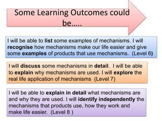 I will be able to list some examples of mechanisms. I will
recognise how mechanisms make our life easier and give
some examples of products that use mechanisms. (Level 6)
I will discuss some mechanisms in detail. I will be able
to explain why mechanisms are used. I will explore the
real life application of mechanisms (Level 7)
I will be able to explain in detail what mechanisms are
and why they are used. I will identify independently the
mechanisms that products use, how they work and
make life easier. (Level 8 )
Some Learning Outcomes could
be…..
 