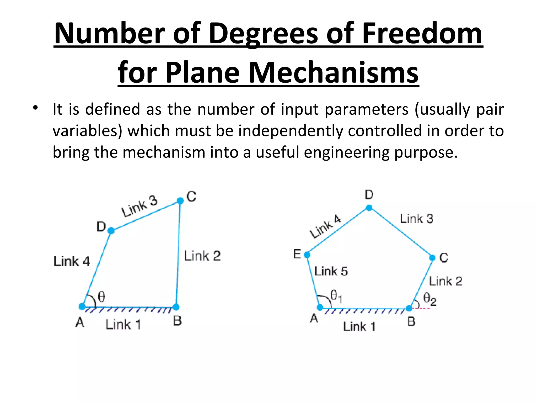• It is defined as the number of input parameters (usually pair
variables) which must be independently controlled in order to
bring the mechanism into a useful engineering purpose.
Number of Degrees of Freedom
for Plane Mechanisms
 