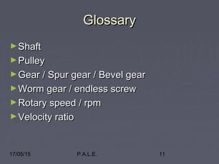 17/05/15 P.A.L.E. 11
GlossaryGlossary
►ShaftShaft
►PulleyPulley
►Gear / Spur gear / Bevel gearGear / Spur gear / Bevel gear
►Worm gear / endless screwWorm gear / endless screw
►Rotary speed / rpmRotary speed / rpm
►Velocity ratioVelocity ratio
 