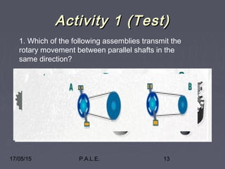 17/05/15 P.A.L.E. 13
Activity 1 (Test)Activity 1 (Test)
1. Which of the following assemblies transmit the
rotary movement between parallel shafts in the
same direction?
 