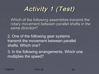 17/05/15 P.A.L.E. 24
Activity 1 (Test)Activity 1 (Test)
1.1. Which of the following assemblies transmit theWhich of the following assemblies transmit the
rotary movement between parallel shafts in therotary movement between parallel shafts in the
same direction?same direction?
3. In the following arrangements. Which one
multiplies the speed?
2. One of the following gear systems
transmit the movement between parallel
shafts. Which one?
 
