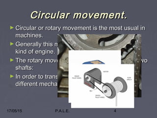 17/05/15 P.A.L.E. 4
Circular movement.Circular movement.
► Circular or rotary movement is the most usual inCircular or rotary movement is the most usual in
machines.machines.
► Generally this movement is produced by anyGenerally this movement is produced by any
kind of engine.kind of engine.
► The rotary movement is transmitted between twoThe rotary movement is transmitted between two
shafts:shafts:
► In order to transmit this movement we needIn order to transmit this movement we need
different mechanisms.different mechanisms.
 