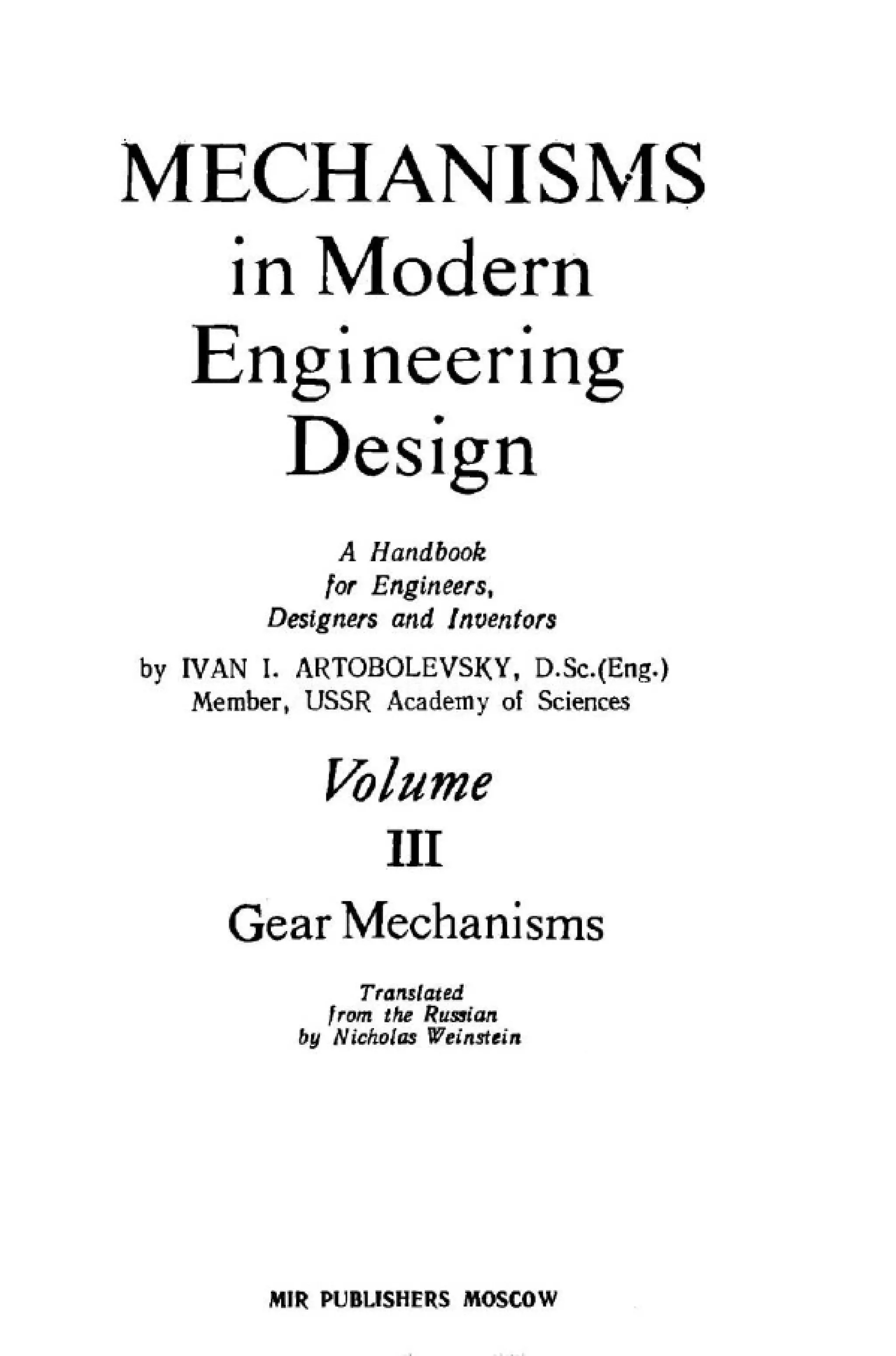 Mechanisms in Modern Engineering Design, Volume 3 Gear Mechanisms PDF