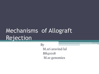 Mechanisms of Allograft
Rejection
By
M.sri aravind lal
B841018
M.sc genomics
 